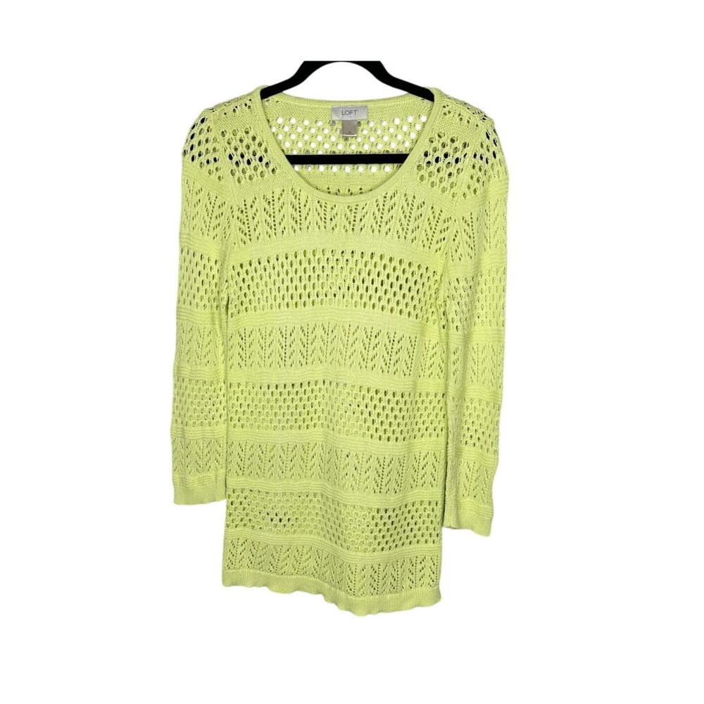 LOFT Yellow Open Knit Pointelle Sweater M 100% Cotton Crewneck Long Sleeve Top